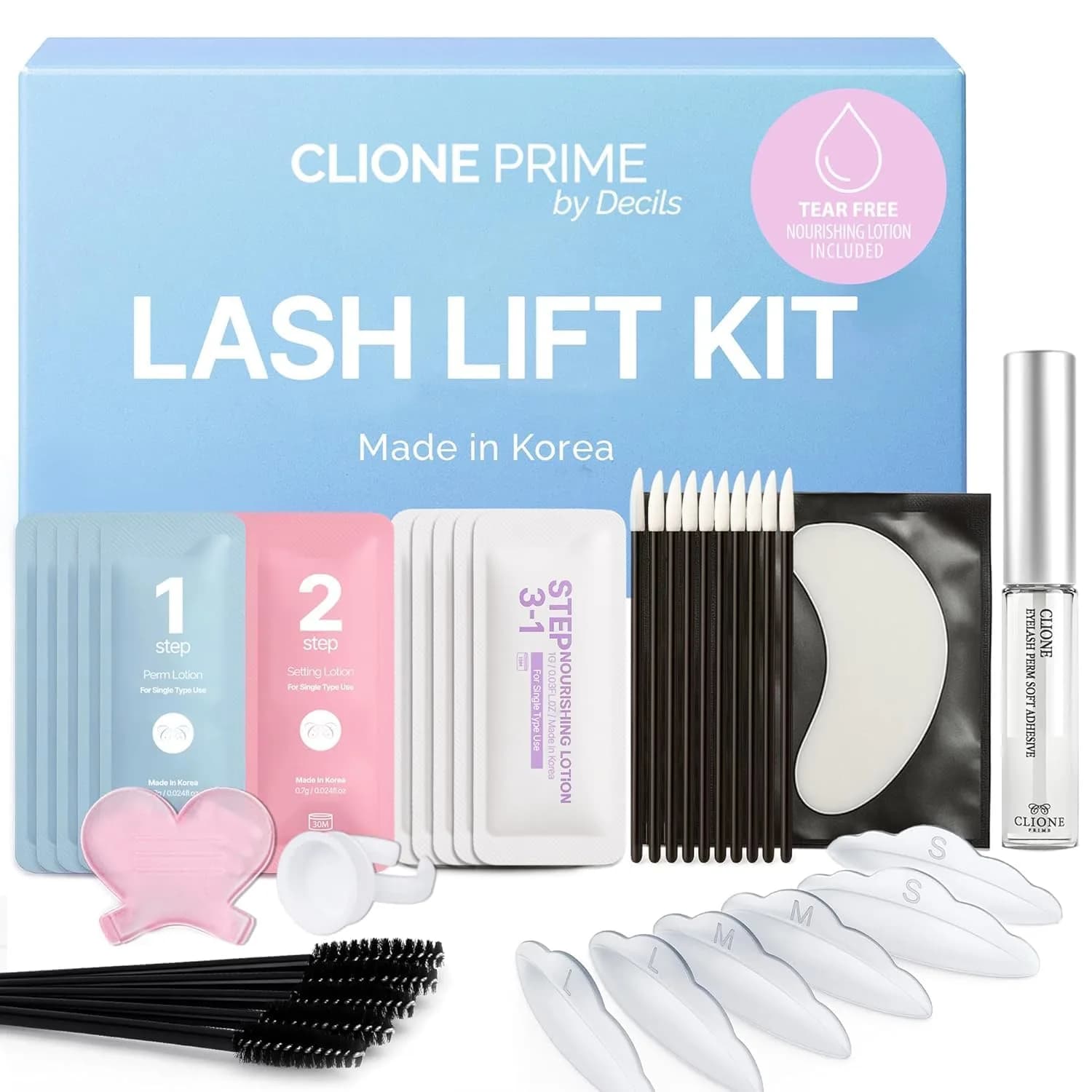 CLIONE PRIME Korean Lash Lift Kit - Blue Eyelash Perm Kit for Eyebrow Lamination & Natural Curl | 5ml Glue, 3 Sizes Rods - main product image