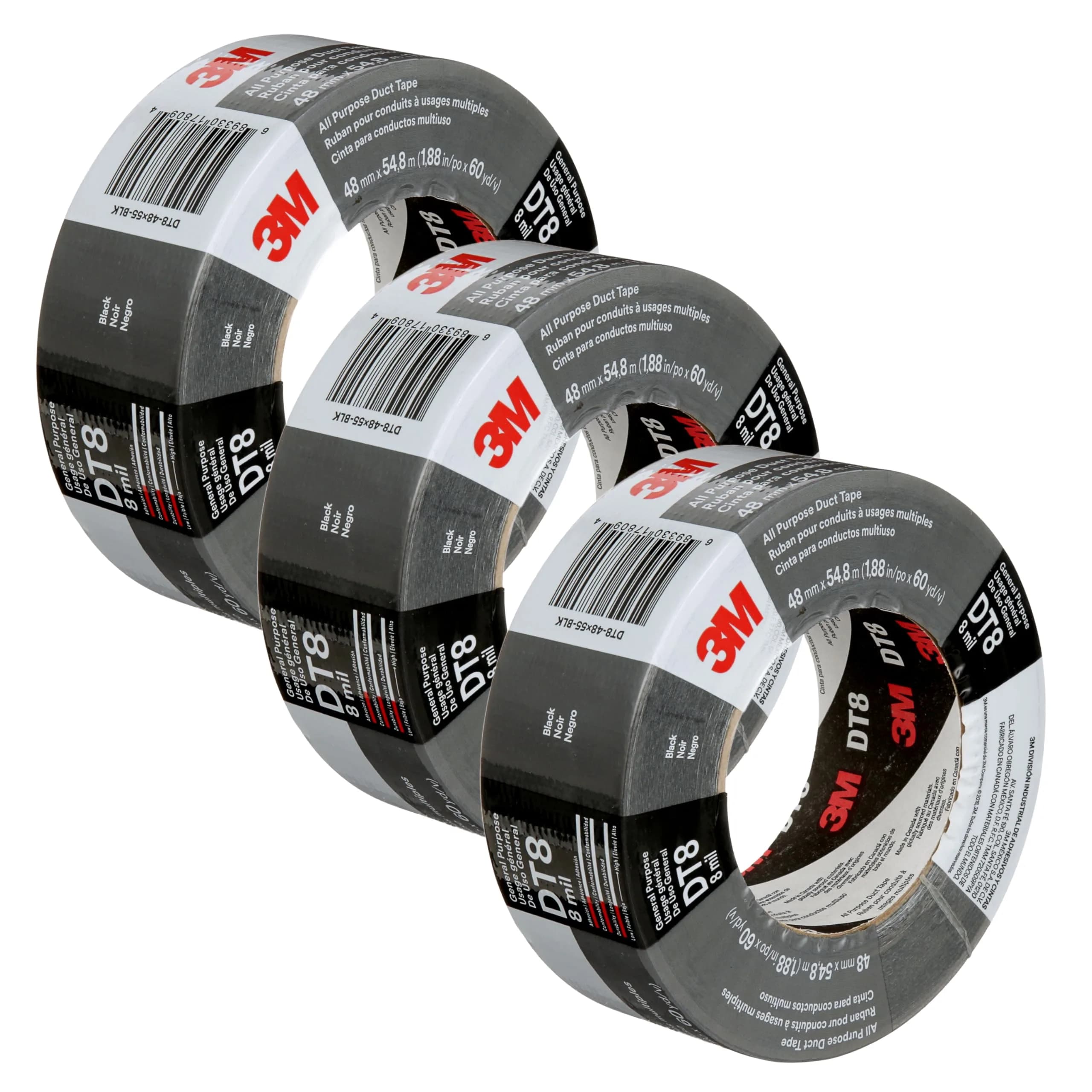 3M Duct Tape DT8, 3 Pack, Industrial Strength, Black Color, 1.88 in x 60 yd | Heavy Duty Tape for HVAC and Repairs
