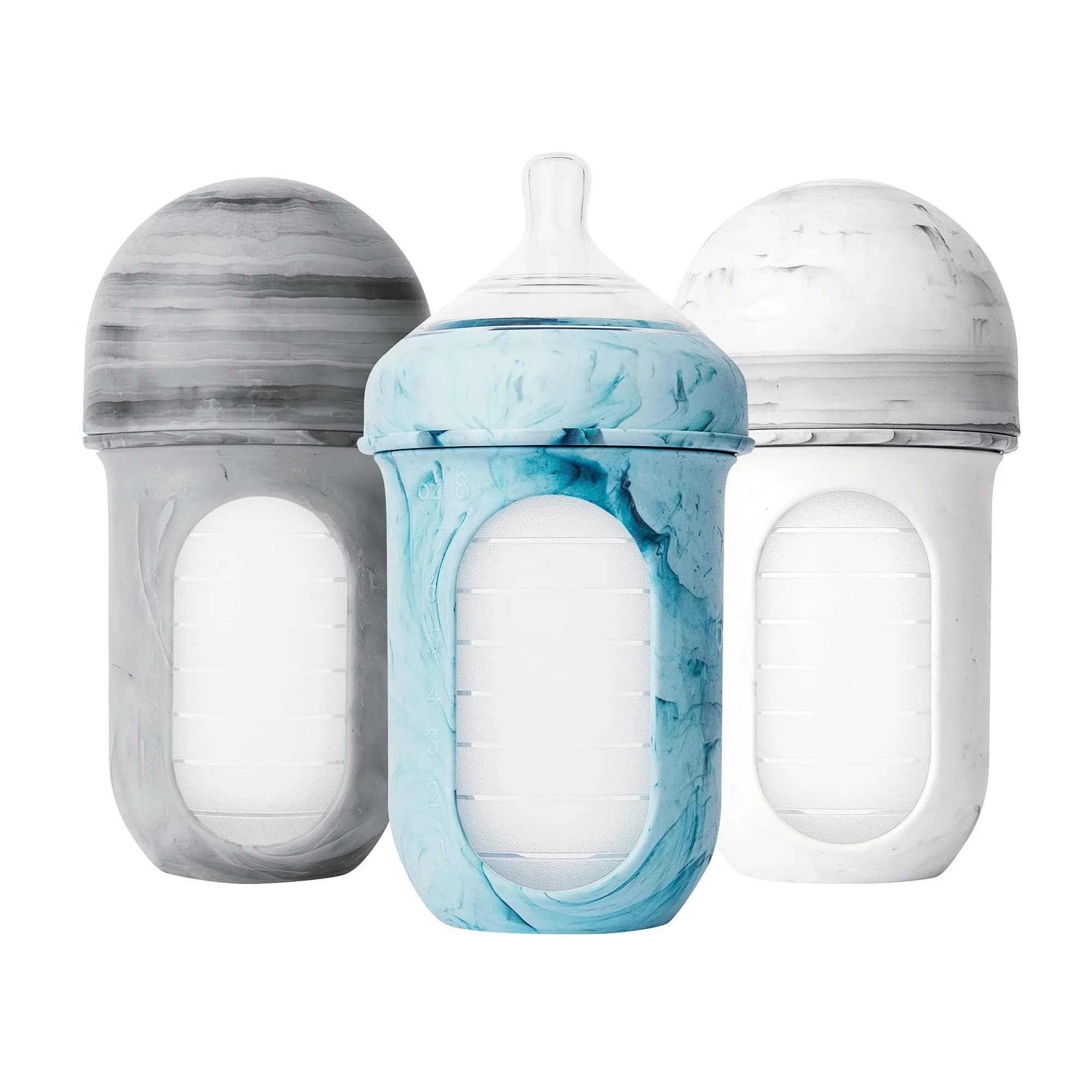 Boon Nursh Silicone Baby Bottles - Pink - 237ml (8 Oz) - 3 Count | Air-Free Feeding Reduces Colic Symptoms — Tie Dye / Stage 2 Medium Flow — 8 Oz