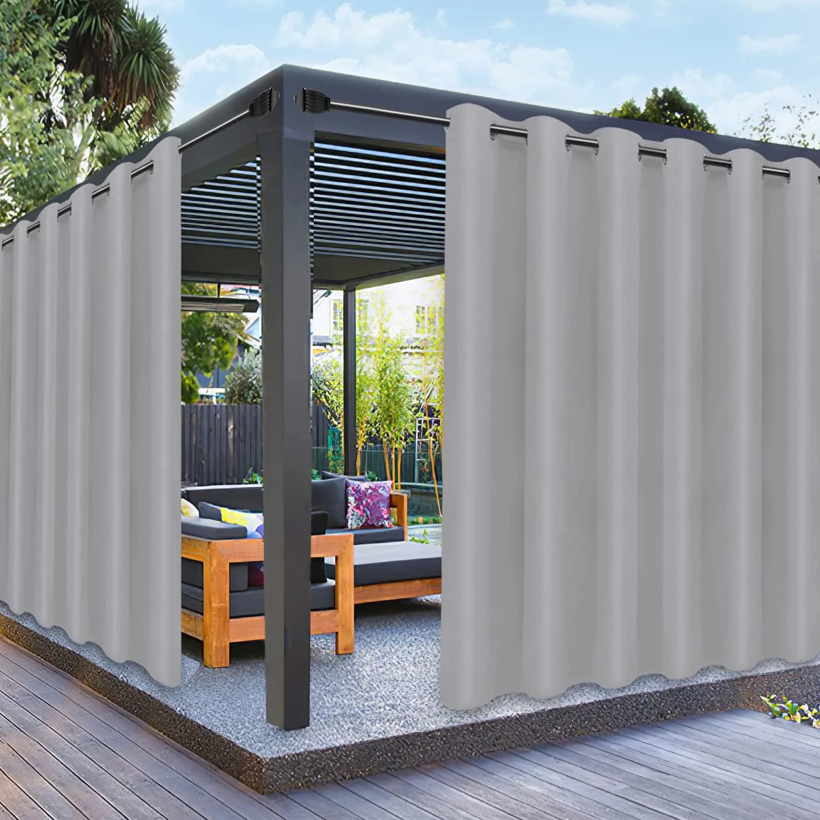 PureFit Waterproof Outdoor Curtains for Patio 241cm x 254cm | Weatherproof UV Resistant Light Gray Grommet Panels — Light Gray