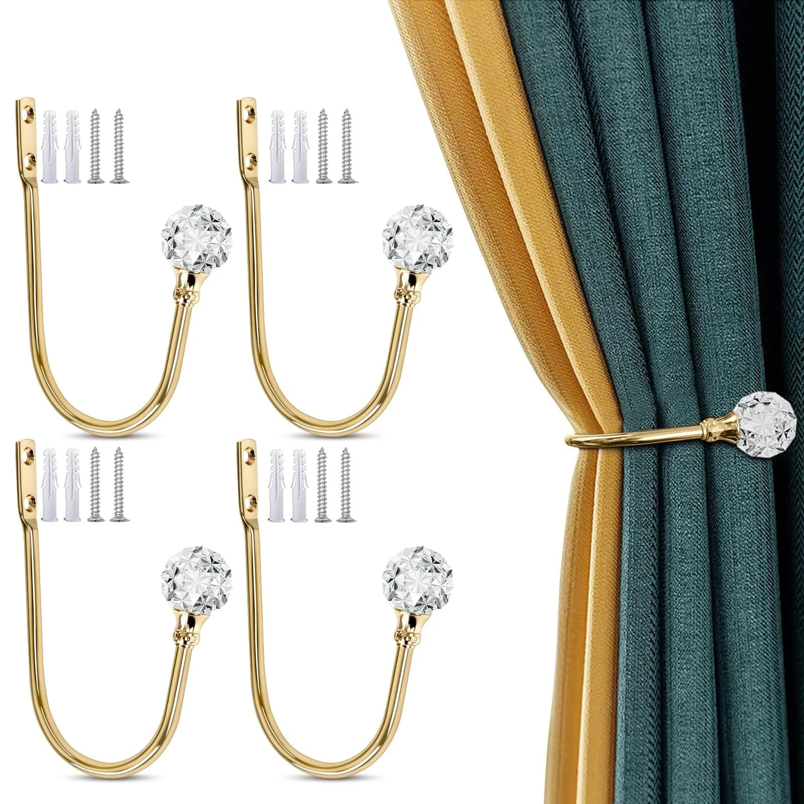 KOLAKO Crystal Curtain Holdbacks 4 Pack Silver Tieback Hooks | Decorative Metal Window Treatment Holdback — Rose Gold