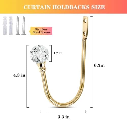 KOLAKO Rose Gold Crystal Ball Curtain Holdbacks, U Shaped Wall Mounted Drapery Hooks, 4-Pack - view 2