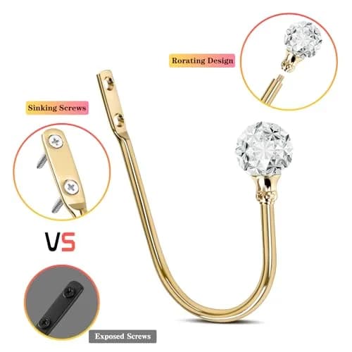 KOLAKO Rose Gold Crystal Ball Curtain Holdbacks, U Shaped Wall Mounted Drapery Hooks, 4-Pack - view 4