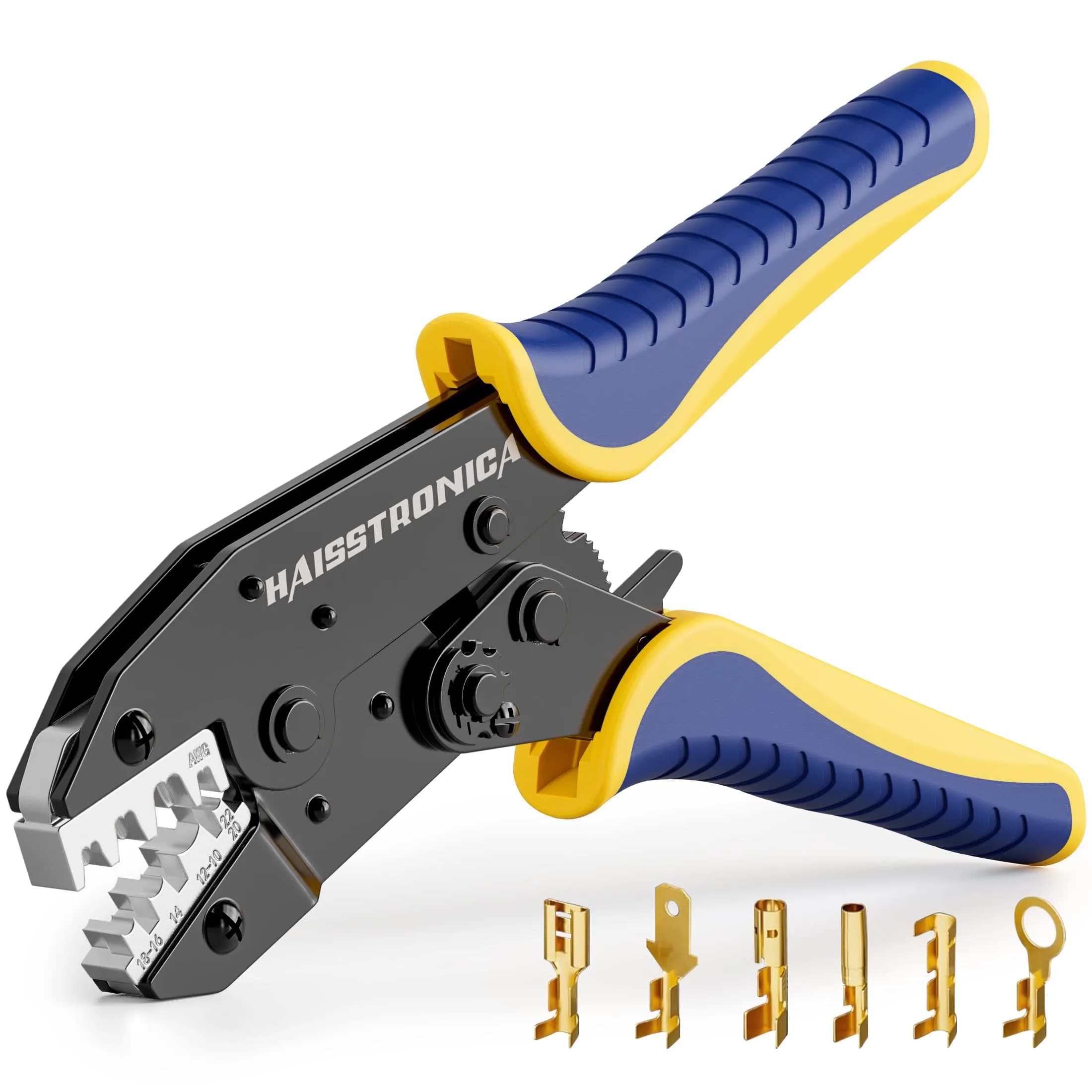 haisstronica Ratchet Crimping Tool for Open Barrel Terminals, AWG 22-10 (550g) | Precision Electrical Wire Crimper