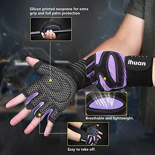 ihuan Ventilated Weight Lifting Gym Workout Gloves with Wrist Wrap Support, Small Purple | Full Palm Protection & Breathable Microfiber thumbnail 2