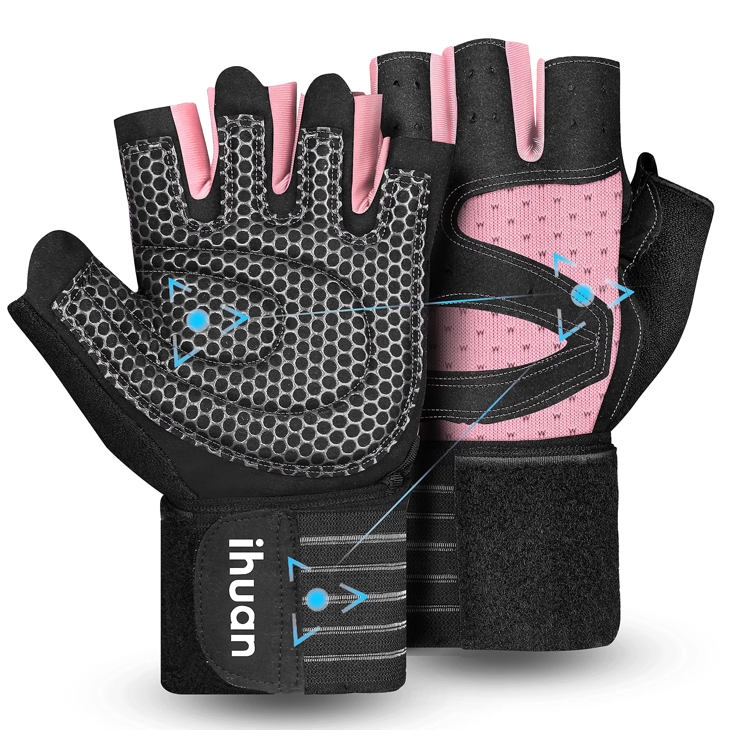 ihuan Ventilated Weight Lifting Gym Workout Gloves with Wrist Wrap Support, Medium, Pink | Full Palm Protection for Men & Women