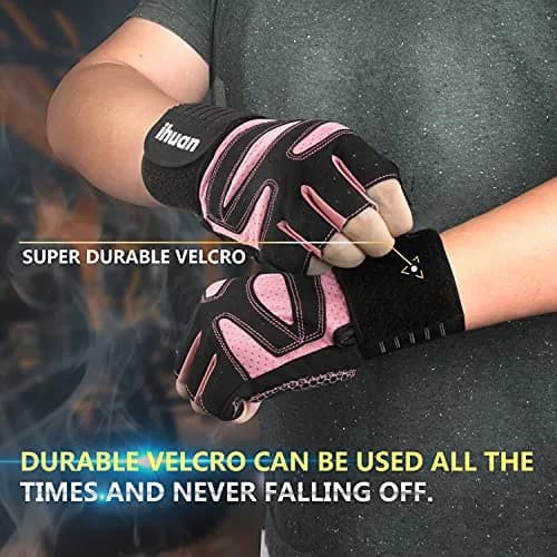 ihuan Ventilated Weight Lifting Gym Workout Gloves with Wrist Wrap Support, Medium, Pink | Full Palm Protection for Men & Women thumbnail 4