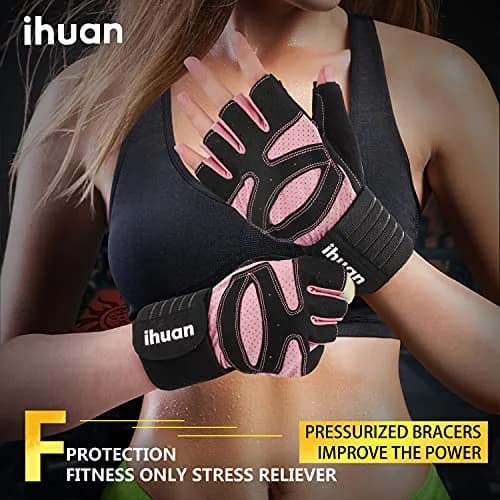 ihuan Ventilated Weight Lifting Gym Workout Gloves with Wrist Wrap Support, Medium, Pink | Full Palm Protection for Men & Women thumbnail 5