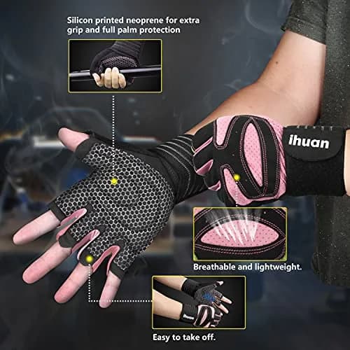 ihuan Ventilated Weight Lifting Gym Workout Gloves with Wrist Wrap Support, Medium, Pink | Full Palm Protection for Men & Women thumbnail 2