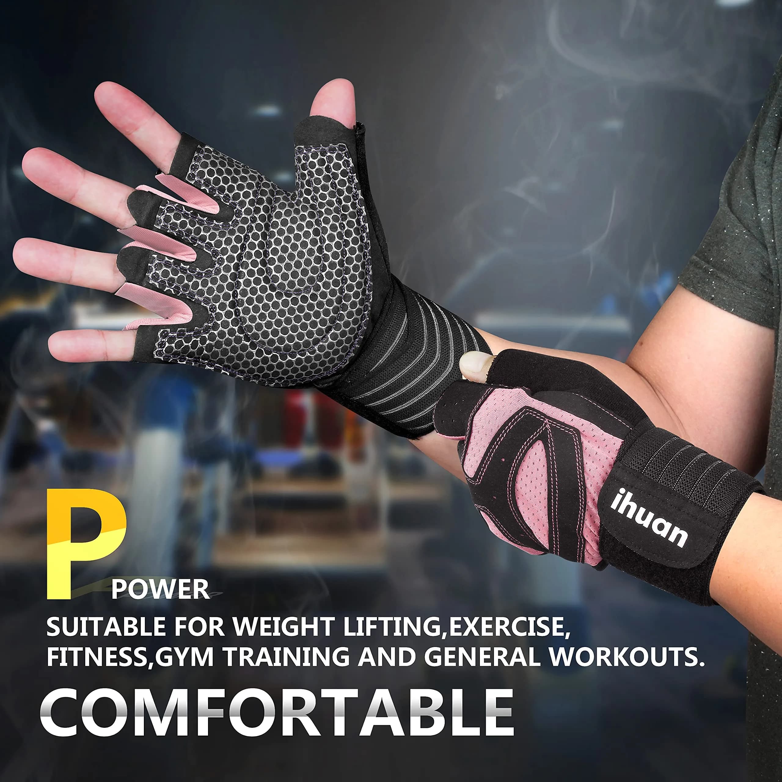 ihuan Ventilated Weight Lifting Gym Workout Gloves with Wrist Wrap Support for Men & Women, Full Palm Protection, for Weightlifting, Training, Fitness, Hanging, Pull ups thumbnail 3