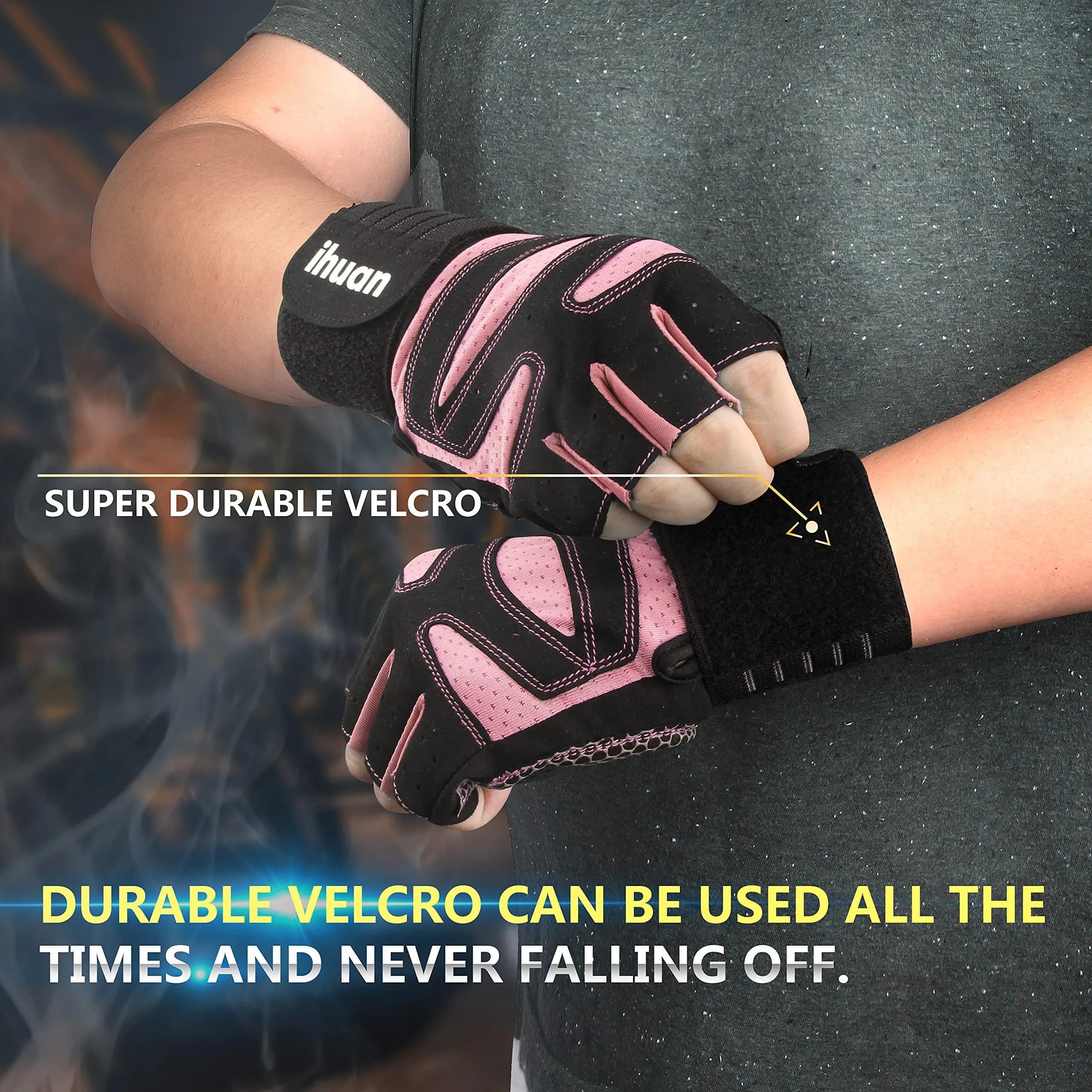 ihuan Ventilated Weight Lifting Gym Workout Gloves with Wrist Wrap Support for Men & Women, Full Palm Protection, for Weightlifting, Training, Fitness, Hanging, Pull ups thumbnail 4