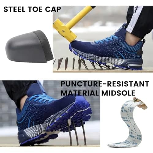 Furuian Steel Toe Shoes for Men & Women | Impact-Resistant, Breathable, Slip-Resistant Safety Shoes (Size 6 Women/4 Men, Blue) thumbnail 3