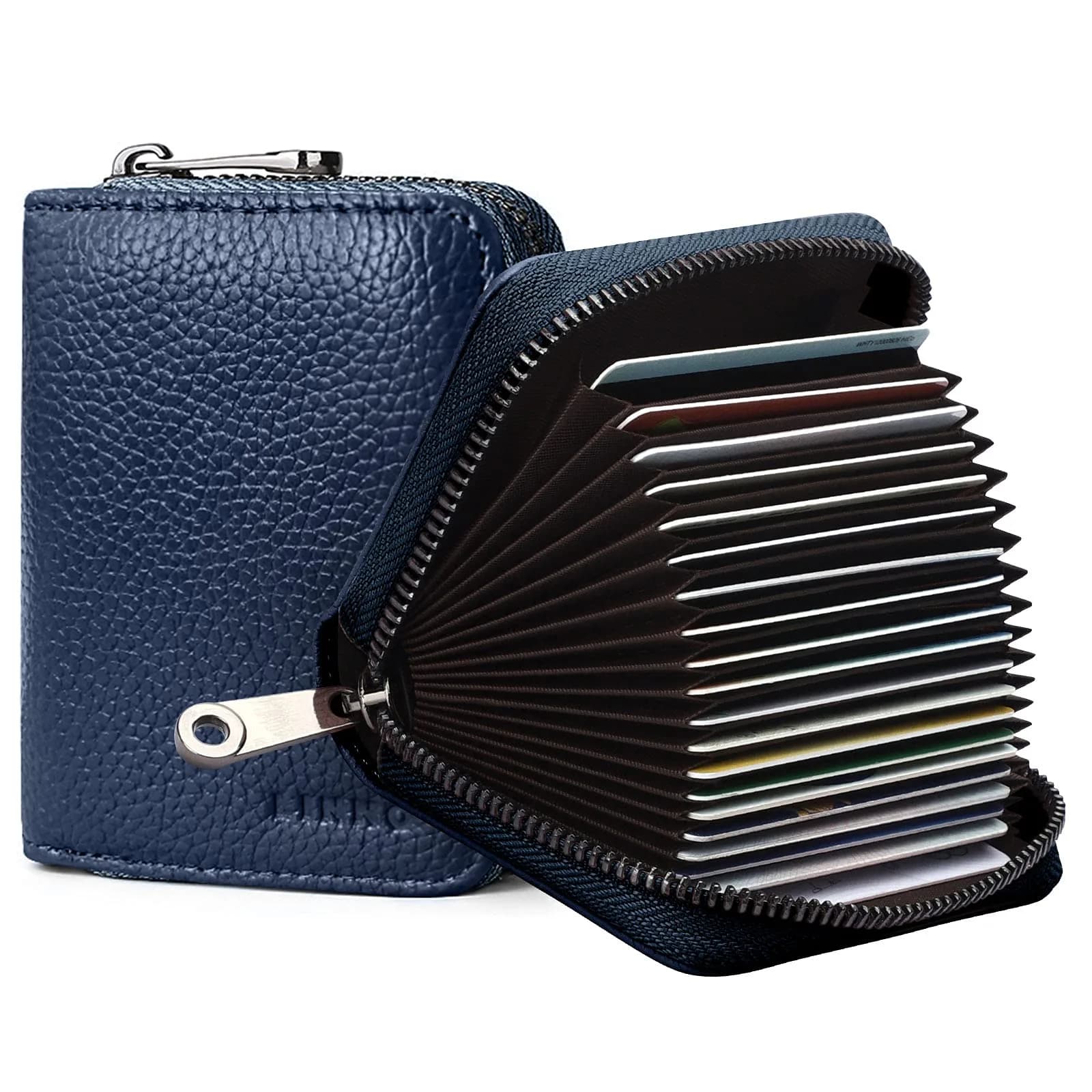 Linno Dark Blue RFID Genuine Leather Credit Card Holder Wallet with Zipper - 20 Slots thumbnail 1