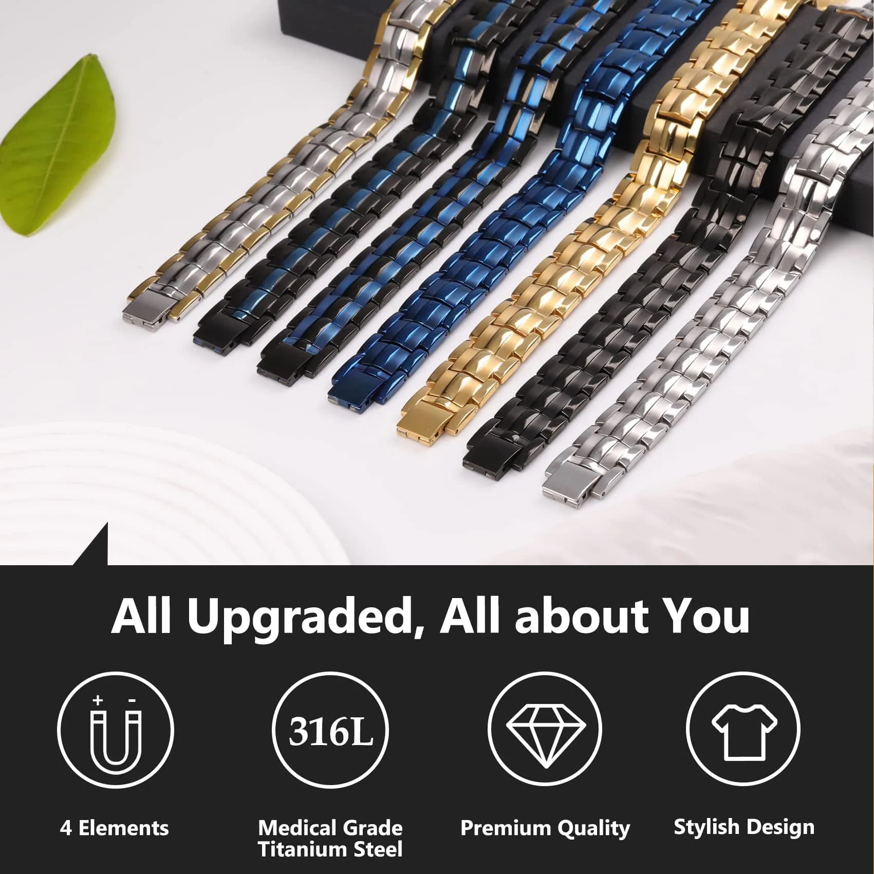 Feraco Black & Blue Magnetic Therapy Bracelet with Double Row Magnets 22cm (8.66 inch) | Hypoallergenic Titanium Steel - view 6