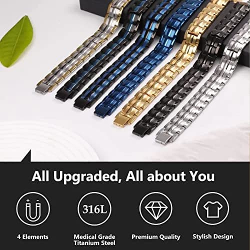 Feraco Black & Blue Magnetic Therapy Bracelet with Double Row Magnets 22cm (8.66 inch) | Hypoallergenic Titanium Steel thumbnail 6