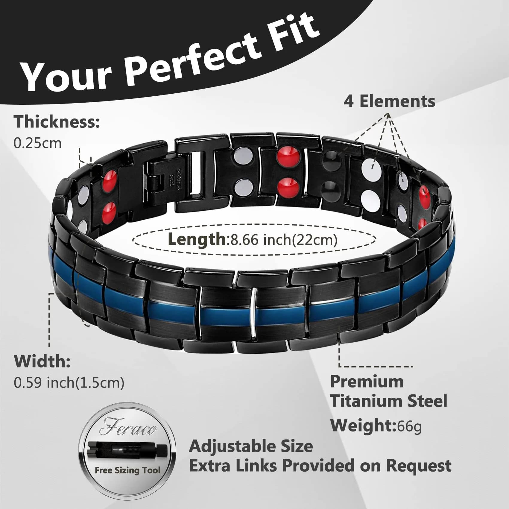 Feraco Black & Blue Magnetic Therapy Bracelet with Double Row Magnets 22cm (8.66 inch) | Hypoallergenic Titanium Steel - view 2