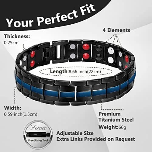 Feraco Black & Blue Magnetic Therapy Bracelet with Double Row Magnets 22cm (8.66 inch) | Hypoallergenic Titanium Steel thumbnail 2