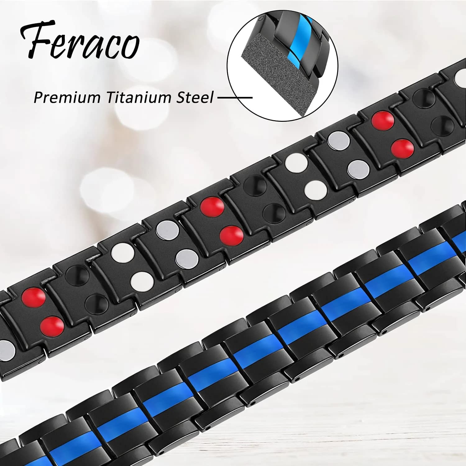 Feraco Black & Blue Magnetic Therapy Bracelet with Double Row Magnets 22cm (8.66 inch) | Hypoallergenic Titanium Steel - view 3