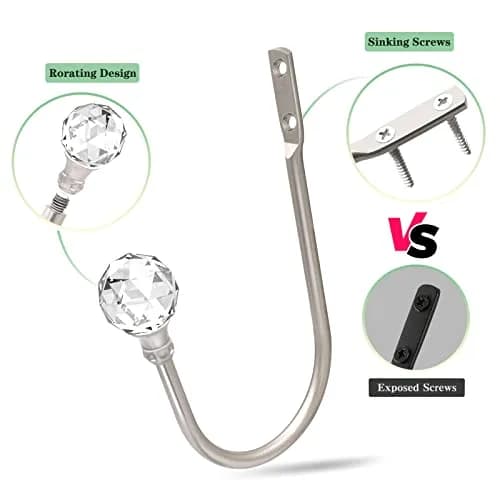 KOLAKO Crystal Ball Curtain Holdbacks - U Shaped Wall Mounted Drapery Hooks, 4 Pack Silver - view 4