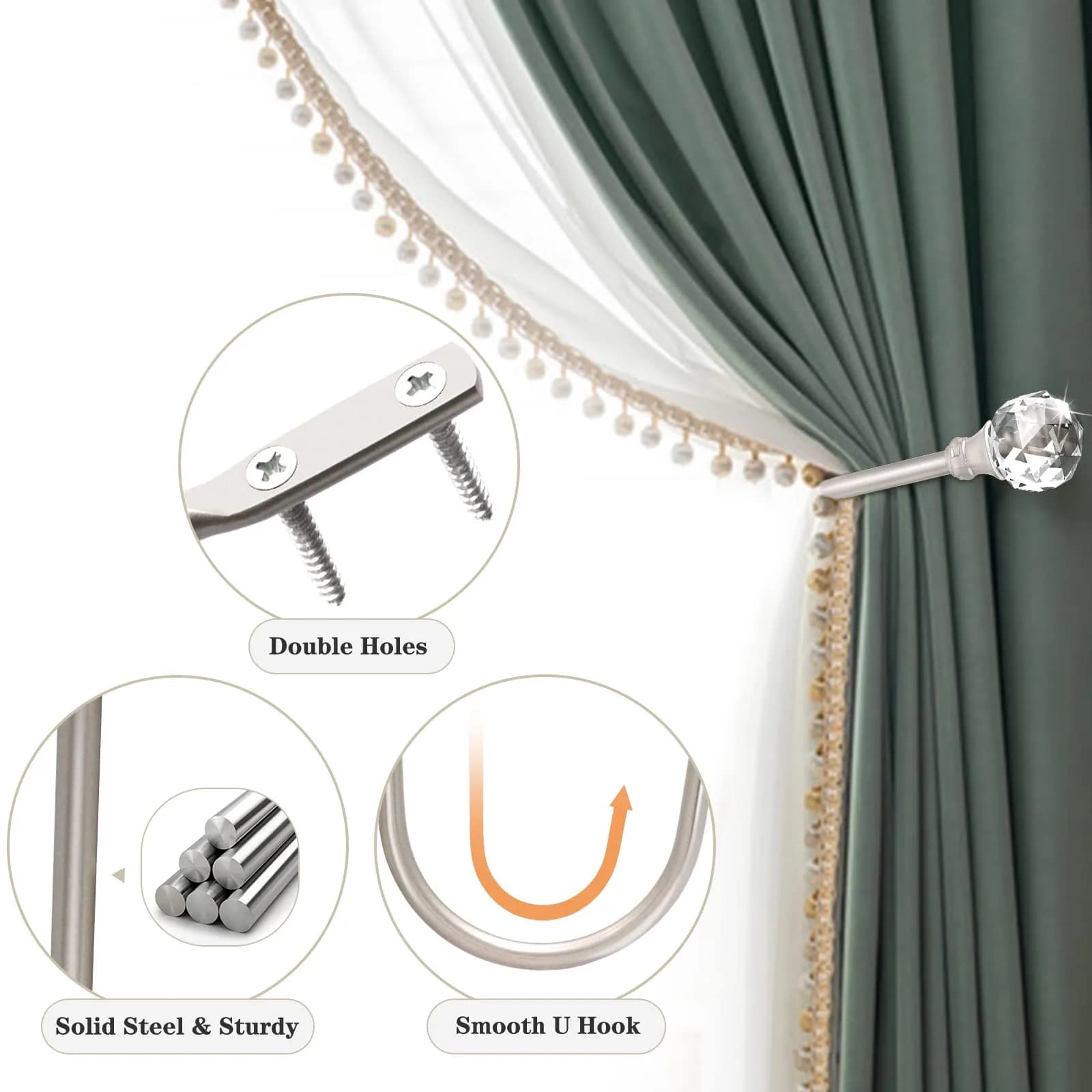 KOLAKO Crystal Curtain Holdbacks 4 Pack Silver Tieback Hooks | Decorative Metal Window Treatment Holdback - view 5