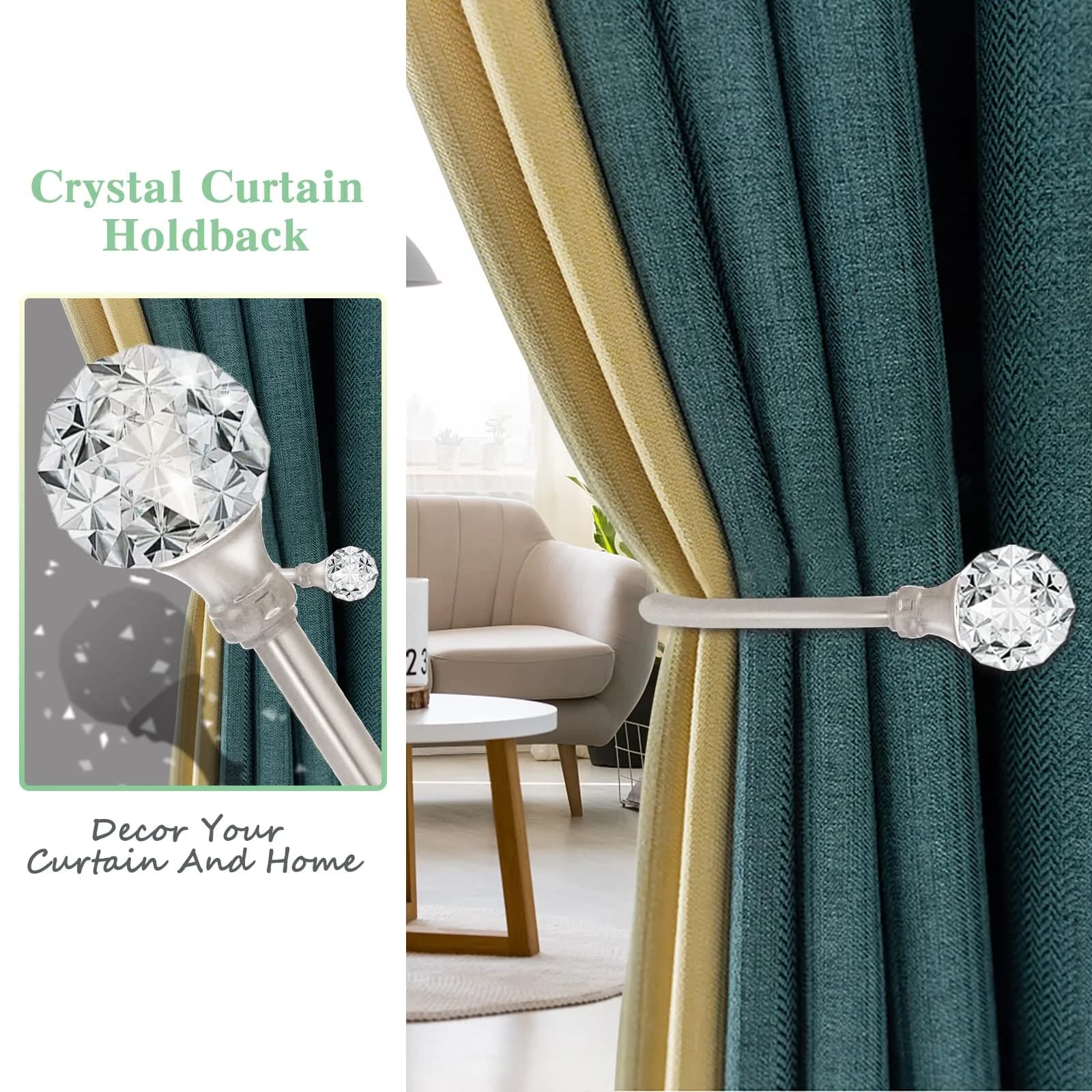 KOLAKO Crystal Curtain Holdbacks 4 Pack Silver Tieback Hooks | Decorative Metal Window Treatment Holdback - view 6
