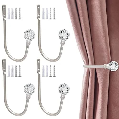 KOLAKO Crystal Ball Curtain Holdbacks - U Shaped Wall Mounted Drapery Hooks, 4 Pack Silver - main product image