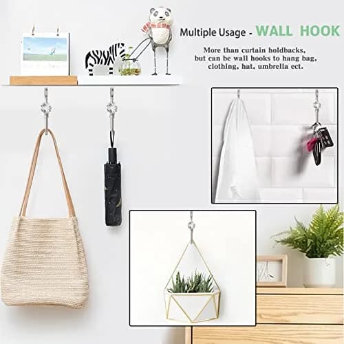 KOLAKO Crystal Curtain Holdbacks 4 Pack Silver Tieback Hooks | Decorative Metal Window Treatment Holdback thumbnail 7