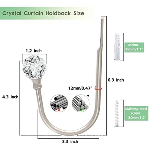 KOLAKO Crystal Ball Curtain Holdbacks - U Shaped Wall Mounted Drapery Hooks, 4 Pack Silver - view 2