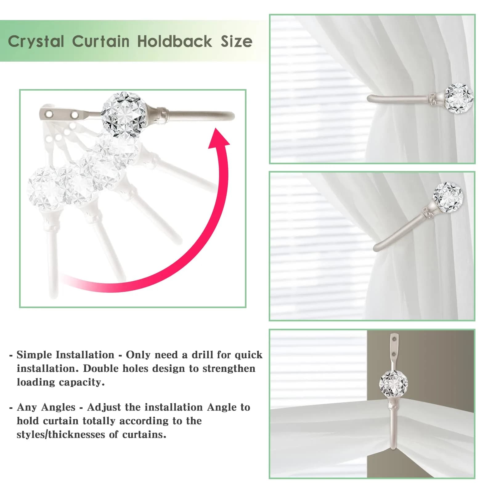 KOLAKO Crystal Curtain Holdbacks 4 Pack Silver Tieback Hooks | Decorative Metal Window Treatment Holdback - view 3