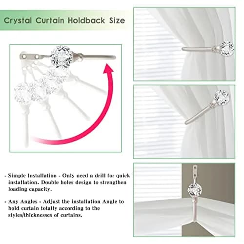 KOLAKO Crystal Ball Curtain Holdbacks - U Shaped Wall Mounted Drapery Hooks, 4 Pack Silver - view 3