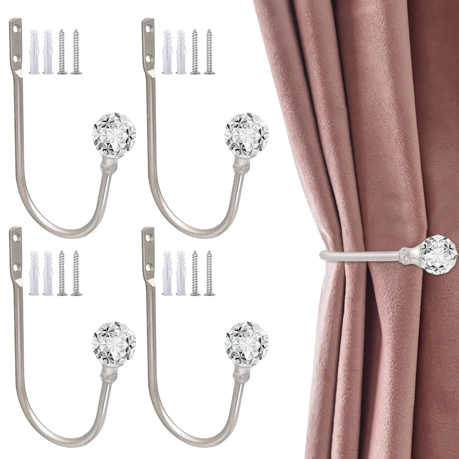 KOLAKO Crystal Ball Curtain Holdbacks, U Shaped Wall Mounted Drapery Hooks with Crystal Ball, 2-Pack Silver — Silver