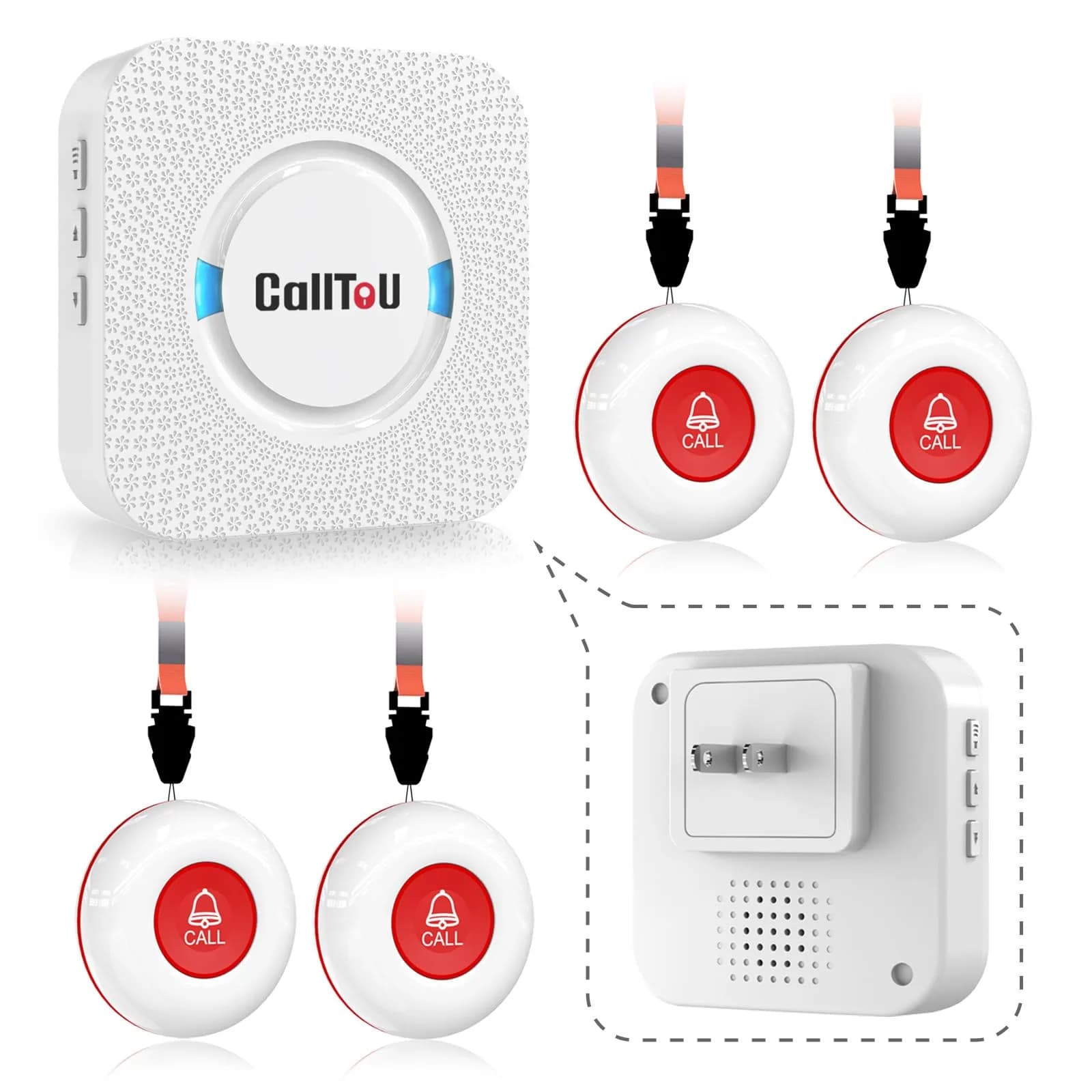 CallToU White Wireless Caregiver Pager System with 4 Call Buttons & 1 Receiver | 500+ Ft Range - main product image