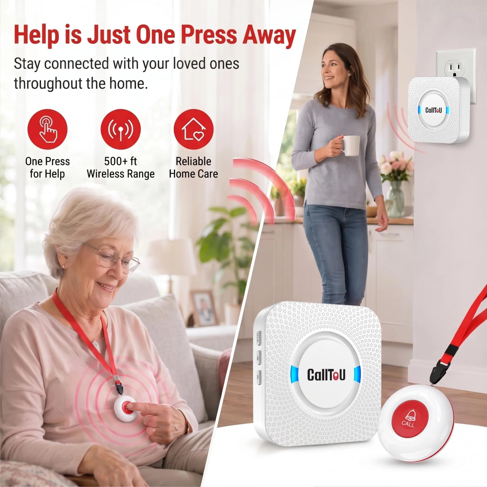 CallToU White Wireless Caregiver Pager System with 4 Call Buttons & 1 Receiver | 500+ Ft Range - view 2