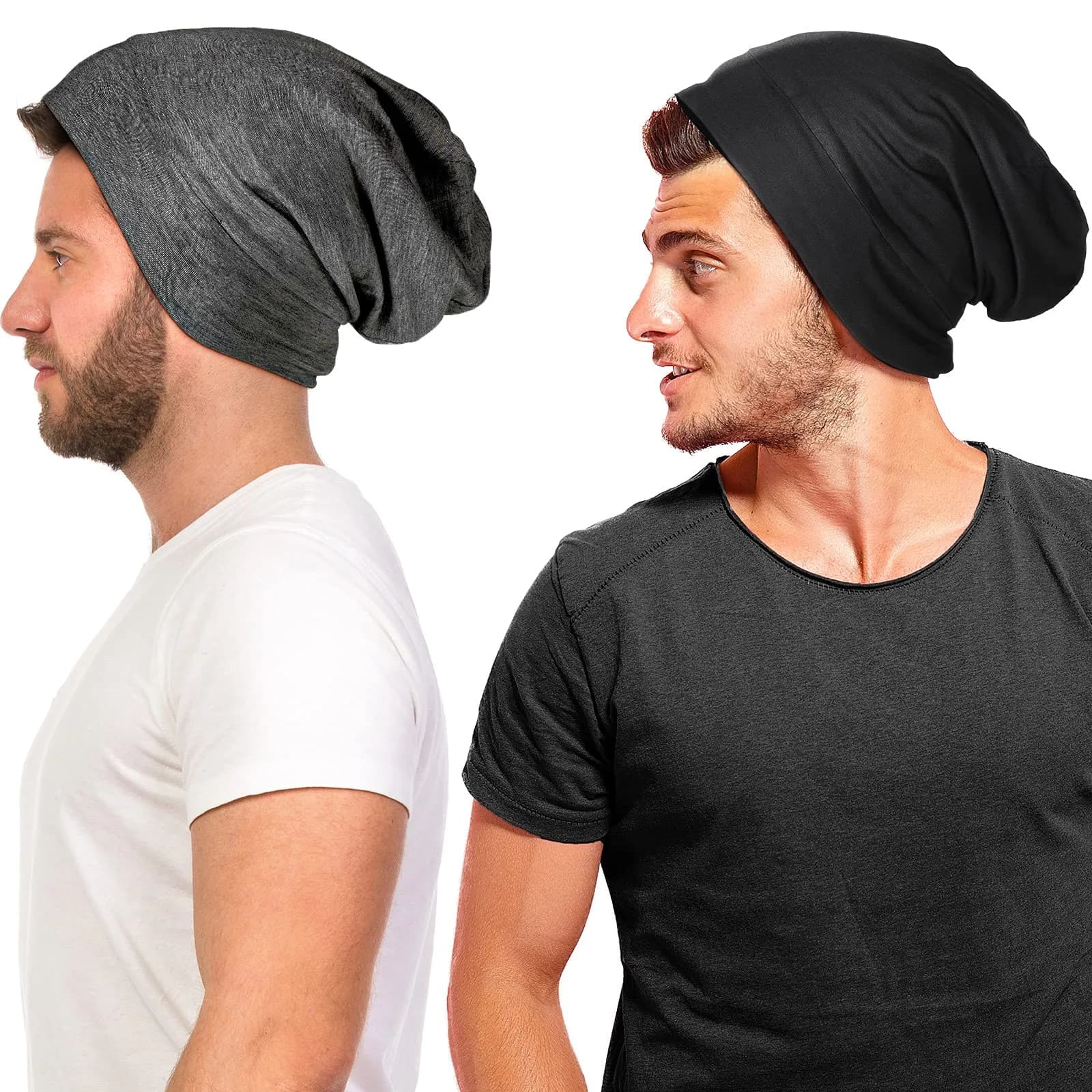 Geyoga Silk Satin Bonnet for Men | Adjustable Elastic Band for Curly Hair, 2 Pack — Black, Dark Grey