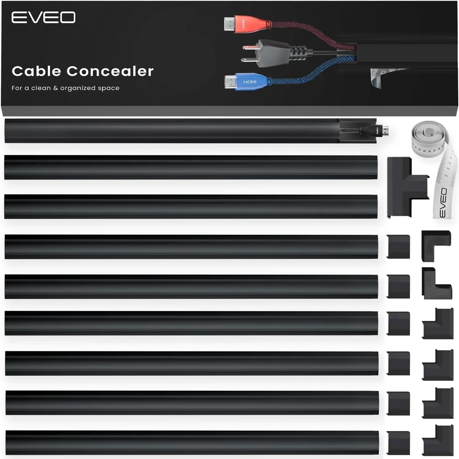 EVEO Black Cord Management Cable Hider Kit 381cm (150in) | Paintable Wire Concealer for Walls — Black