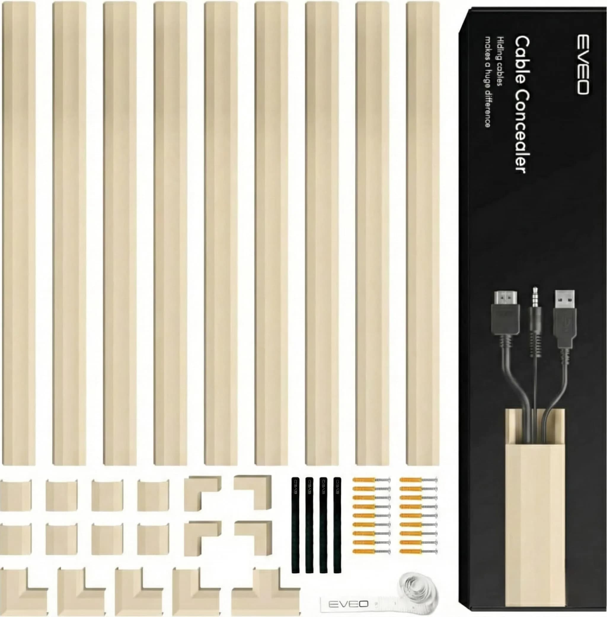 EVEO Cable Hider Wall 153" (12.75 ft) | Paintable Cord Concealer for Clean Walls — Beige / 150" - Medium