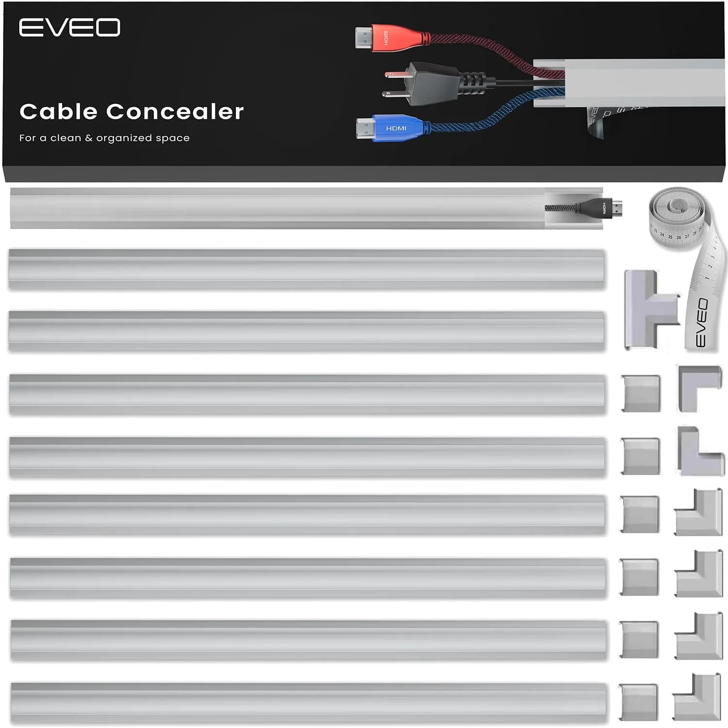 EVEO Grey Cable Management Raceway Kit 150in (125ft) | Paintable Wire Concealer for TV Wall - main product image
