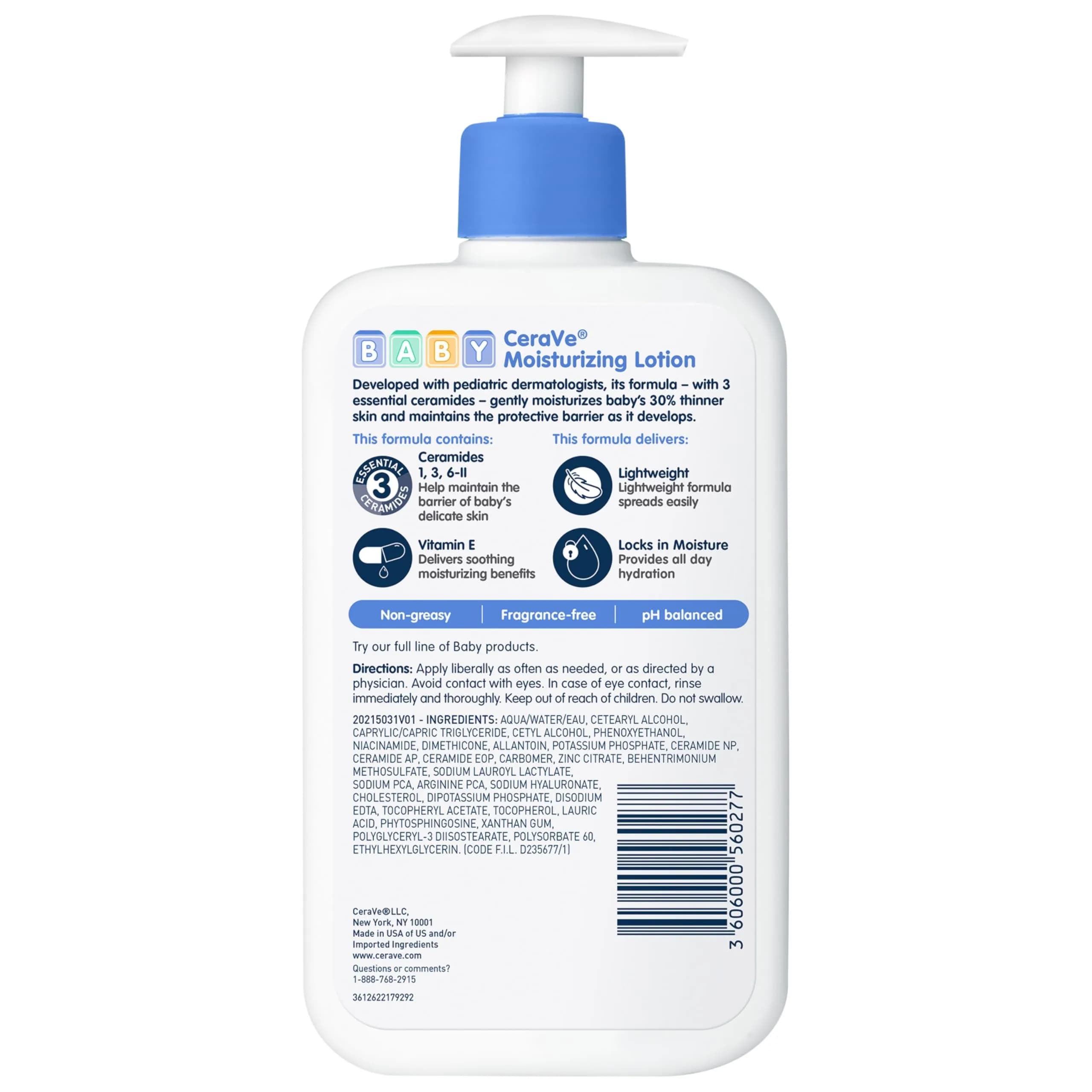 CeraVe Baby Lotion Gentle Skin Care with Ceramides, Niacinamide & Vitamin E, Fragrance-Free, 473ml (16 Fl Oz) - view 7