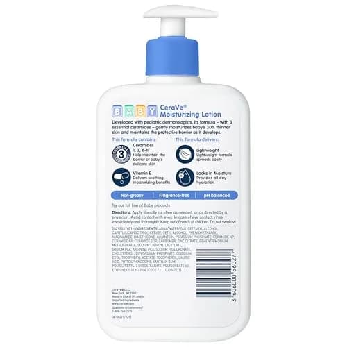 CeraVe Baby Lotion Gentle Skin Care with Ceramides, Niacinamide & Vitamin E, Fragrance-Free, 473ml (16 Fl Oz) thumbnail 7