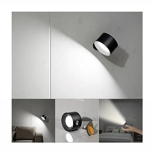 Koopala LED Sconces Wall Mounted Lamps with Rechargeable Battery, 3 Color Temps & Brightness, 360° Rotation, Cordless Bedside Light — Black-A
