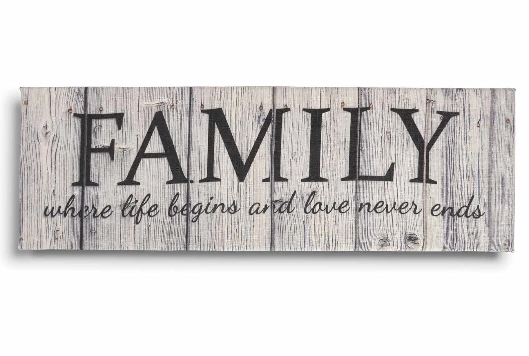 Inkdotpot Stretched Canvas Quotes Wall Art Decor, Family Where Life Begins and Love Never Ends Wall Decor- 6 x 17 Rustic Wall Art Sign- Farmhouse Decor Faux Plaque Sign - main product image