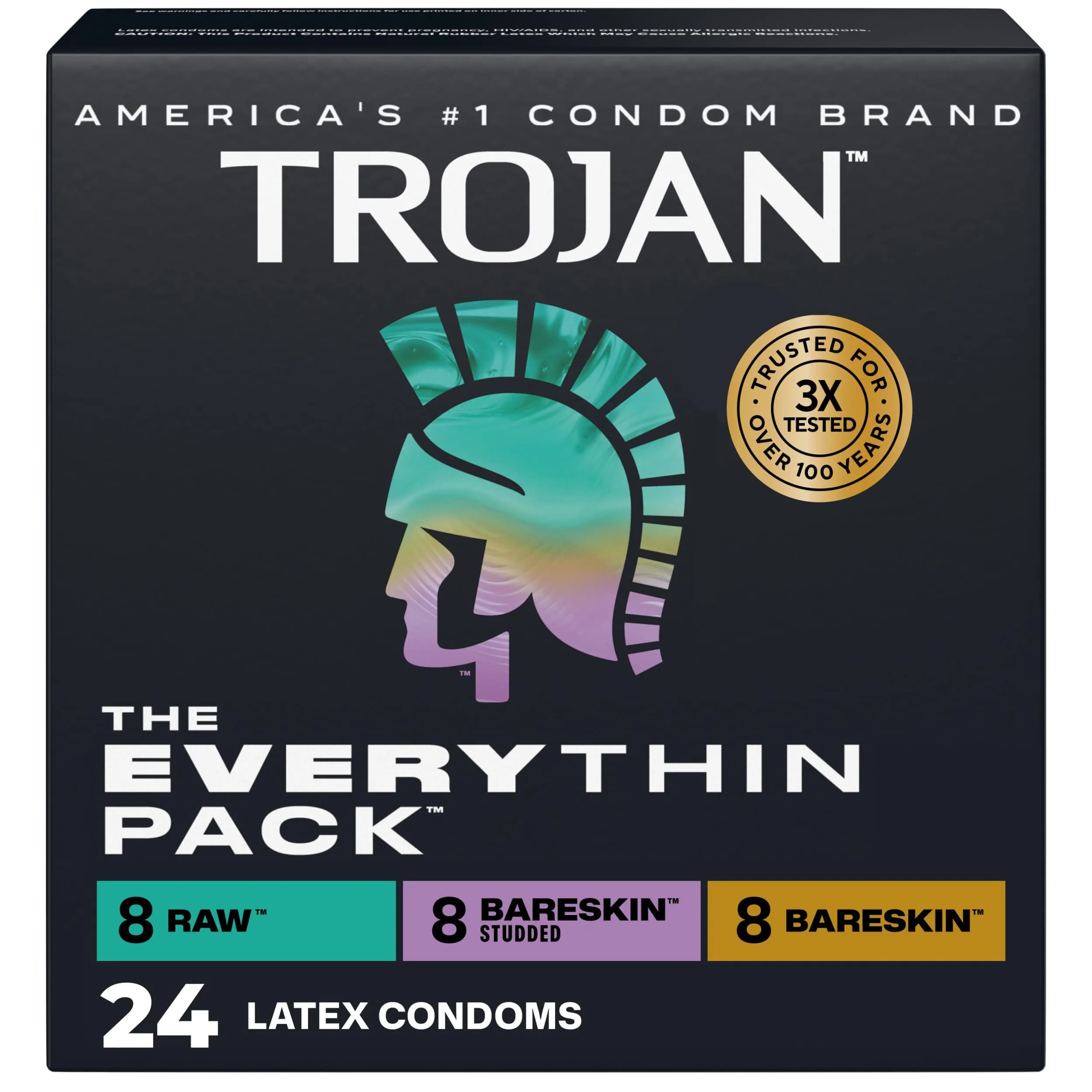 TROJAN Everythin Variety Pack Condoms, 24 Count (Pack of 1) - Assorted Styles for Enhanced Pleasure - main product image