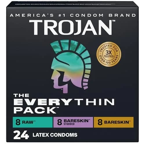 TROJAN Everythin Variety Pack Condoms, 24 Count (Pack of 1) - Assorted Styles for Enhanced Pleasure thumbnail 1