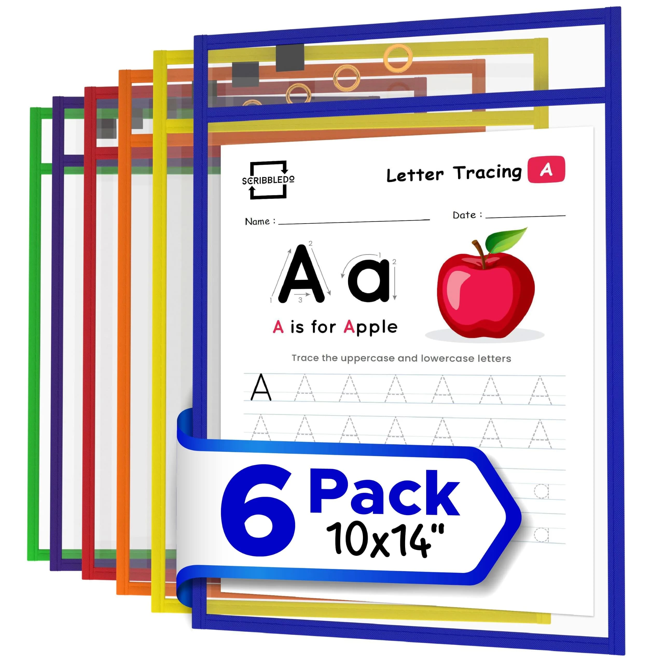 Scribbledo Dry Erase Pocket Sleeves 6 Pack, Reusable Sheet Protectors 36cm (14") x 25cm (10") | Heavy Duty Vinyl for Classroom & Homeschool - main product image