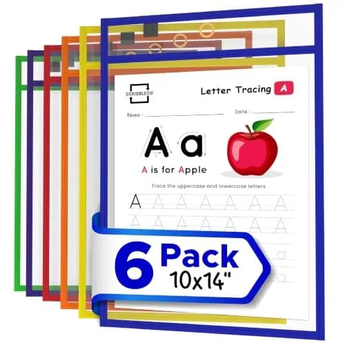 Scribbledo Dry Erase Pocket Sleeves 6 Pack, Reusable Sheet Protectors 36cm (14") x 25cm (10") | Heavy Duty Vinyl for Classroom & Homeschool thumbnail 1