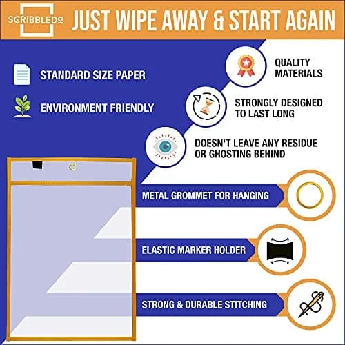 Scribbledo Dry Erase Pocket Sleeves 6 Pack, Reusable Sheet Protectors 36cm (14") x 25cm (10") | Heavy Duty Vinyl for Classroom & Homeschool thumbnail 3