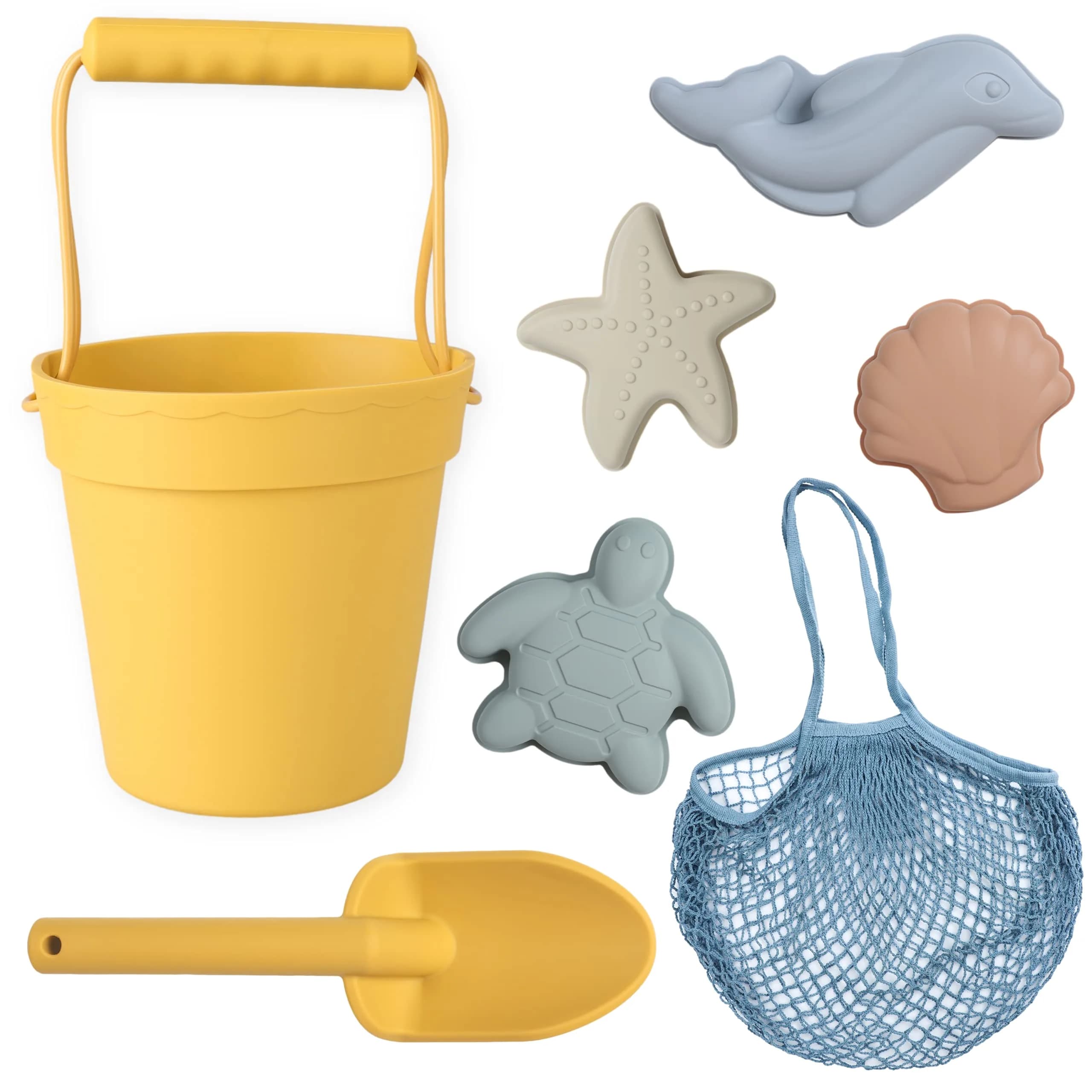 BLUE GINKGO Silicone Beach Toys, 7-Piece Set, Pink | Travel-Friendly, Soft Silicone Sand Play — Yellow