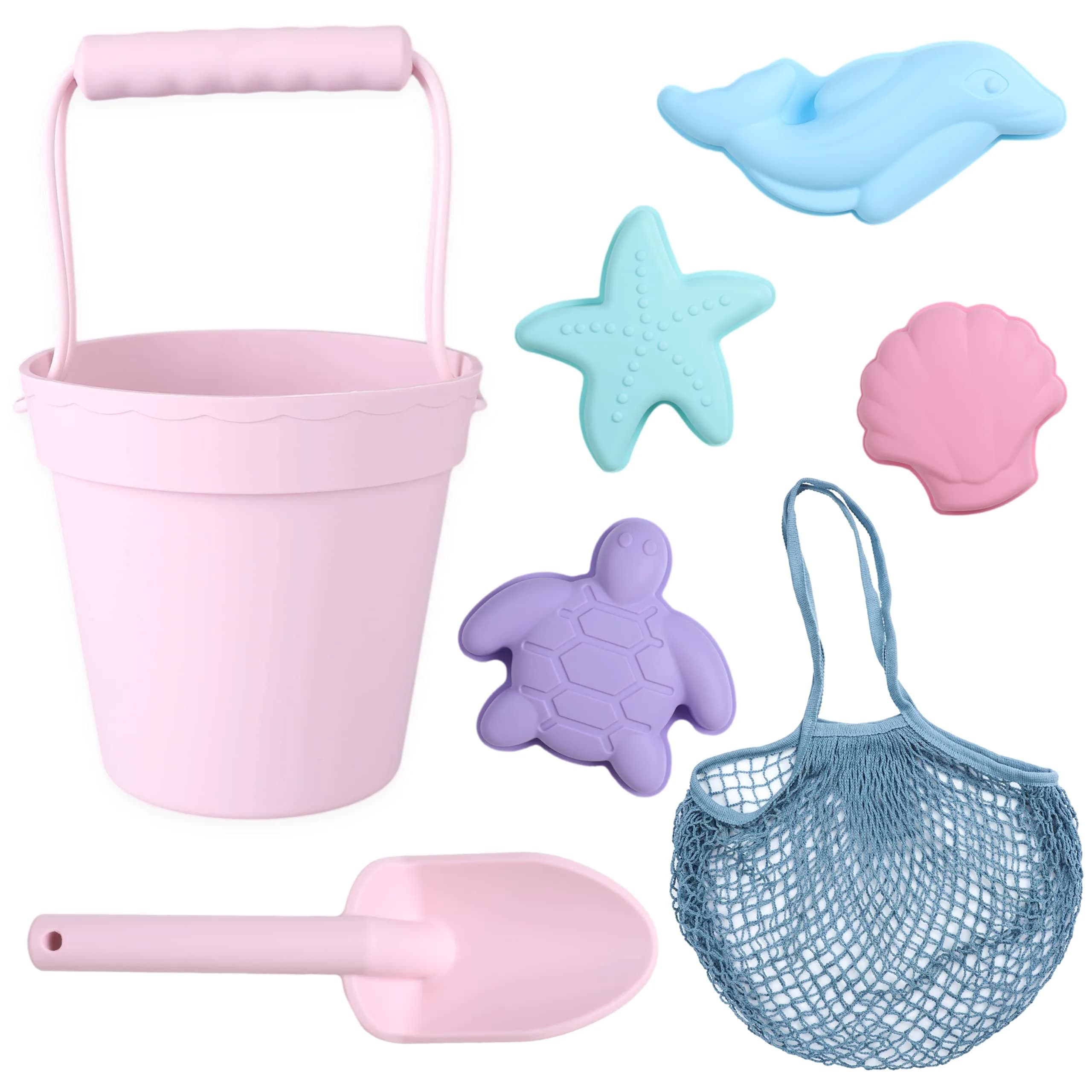 BLUE GINKGO Silicone Beach Toys, 7-Piece Set, Pink | Travel-Friendly, Soft Silicone Sand Play — Pink