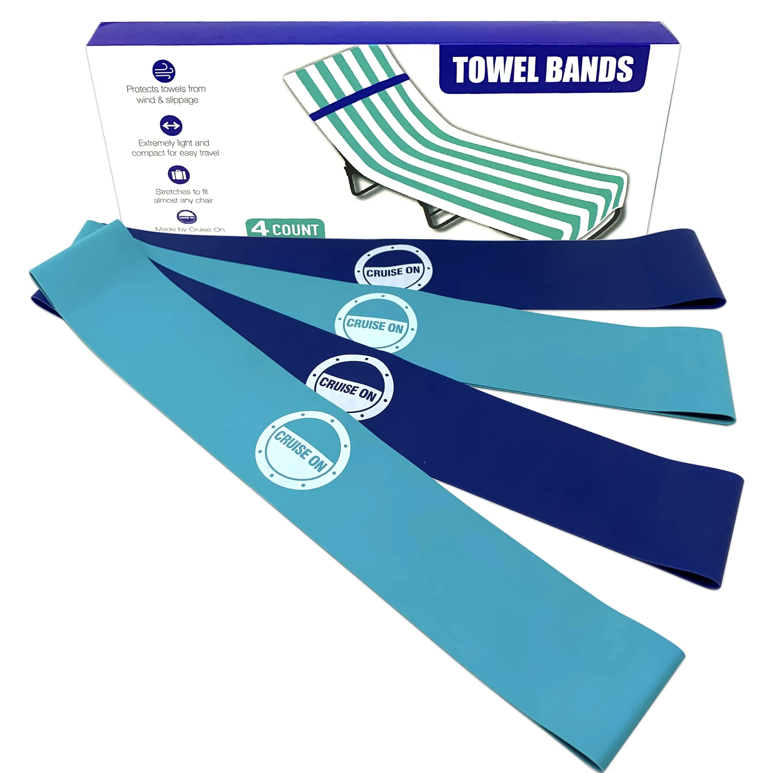 Cruise On Towel Bands for Cruise Chairs 4 Pack | Blue & Teal, Latex-Free, Lounge Use — Extendable Blue & Teal Clasps