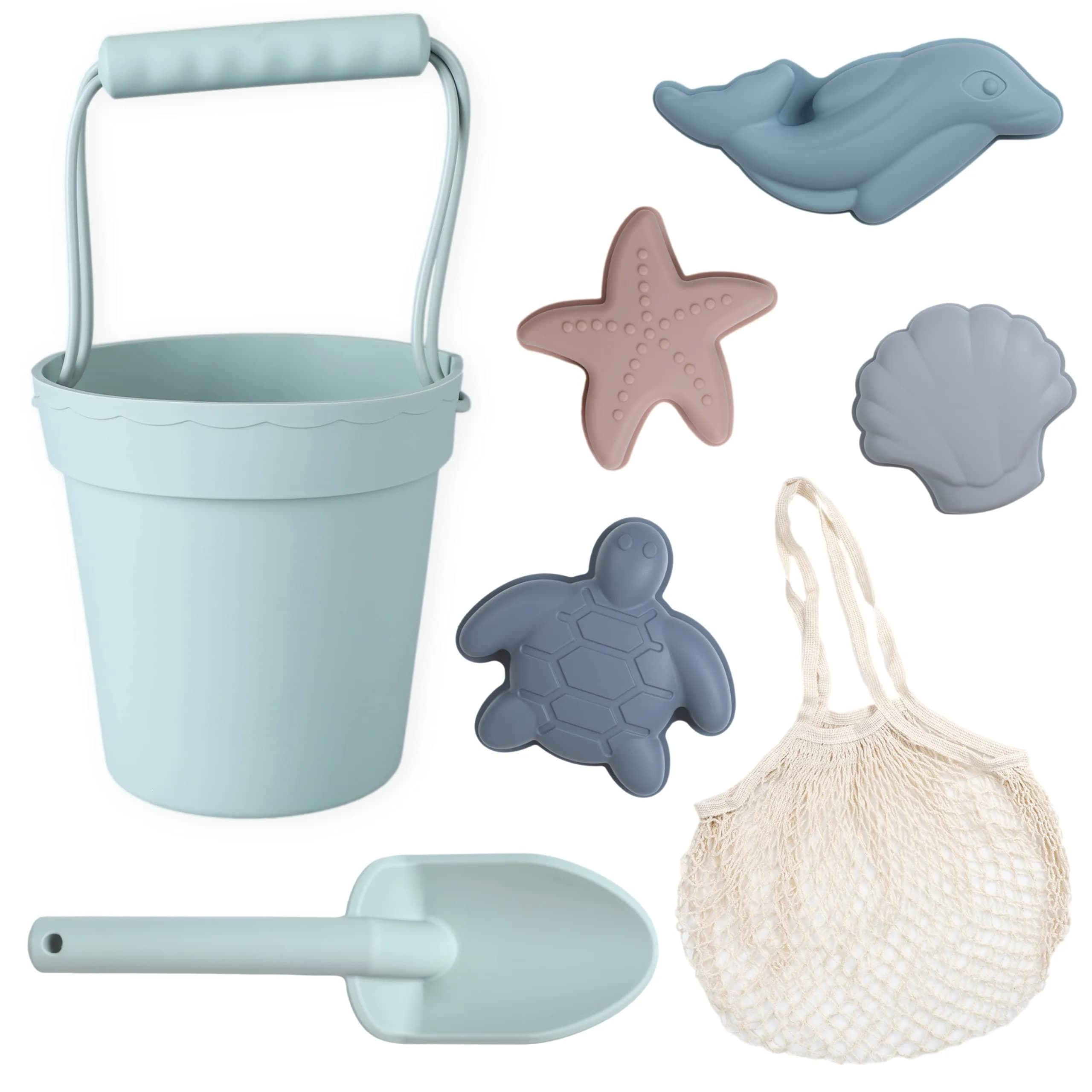BLUE GINKGO Silicone Beach Toys, 7-Piece Sand Toy Set, Green | Soft, Flexible & Travel Ready for Kids
